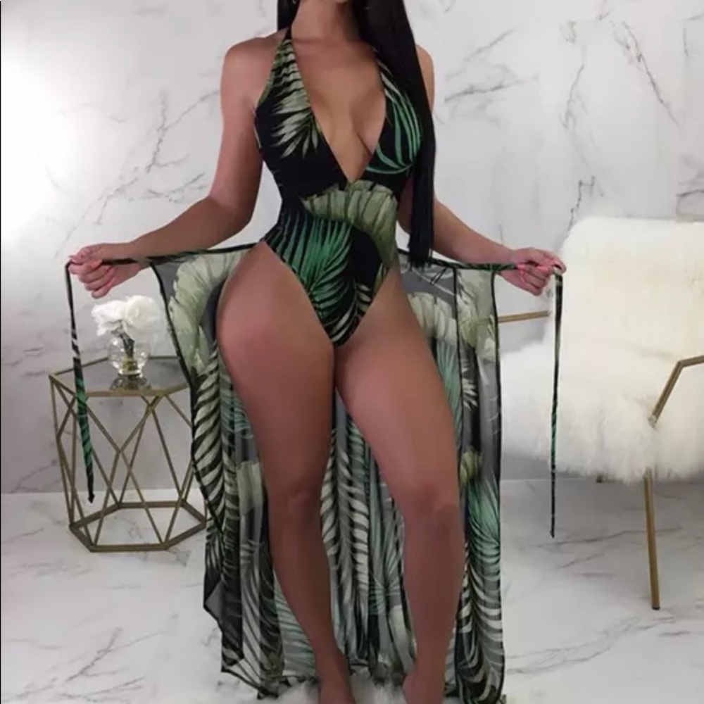 One piece low back swimsuit.